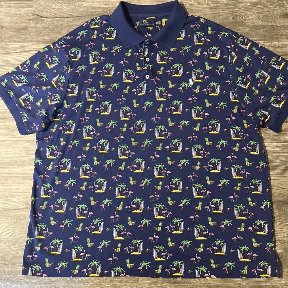 Polo Ralph Lauren Blue Tropical Flamingo Pineapple Short Sleeve Shirt, Size 2XB